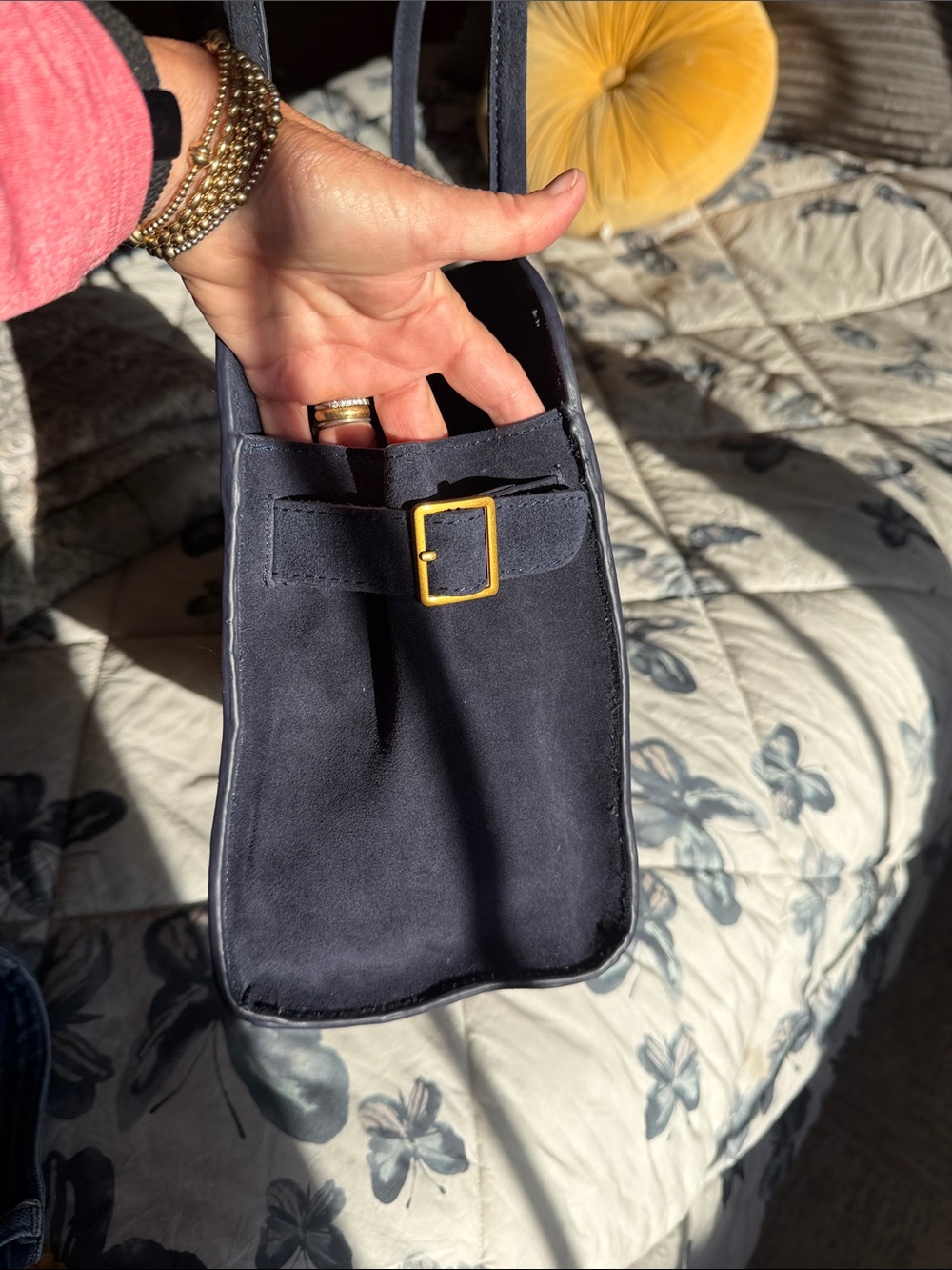 Suede Top-Handle Tote Bag in Dark Navy - Picture 3 of 7